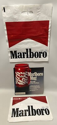 #ad Vintage Lot 9 Marlboro Cigarette Promotional Plastic Bags Cardboard Stand Up Ad $24.95