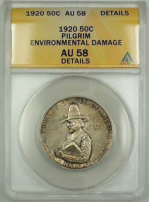 #ad 1920 Pilgrim Commemorative Silver Half 50c Coin ANACS AU 58 Details Envi. Damage $164.92