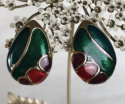 #ad Marbleized Enamel Stud Earrings 1.25” Teardrop Green Red Purple Gold Toned $8.90