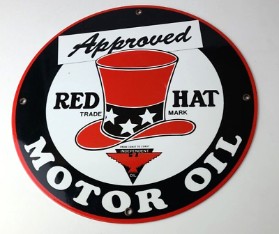 #ad Vintage Red Hat Gasoline Sign Old Red Top Hat Gas Pump Plate Nozzle Oil Sign $139.47