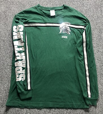 VICTORIA#x27;S SECRET PINK MICHIGAN STATE SPARTANS BLING CAMPUS CREW TEE T SHIRT $18.99