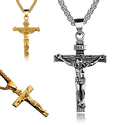 #ad Men Stainless Steel Gold Silver Jesus Christ Crucifix Cross Pendant Necklace $7.81