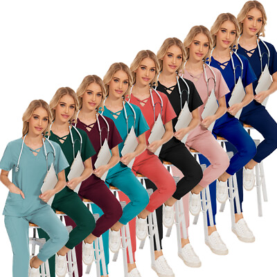 #ad #ad Stretch Jogger Scrub Women Short Sleeve Cargo Pant Medical Nurse Student Uniform $16.98