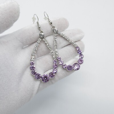 #ad Crystal Teardrop Dangle Earrings 3quot; Purple Sparkly Silver Tone Classy Earrings $11.69