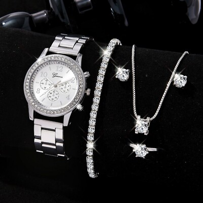 #ad Watch Gift Set for Women 5 Pieces Silver Crystal Bracelet Earrings Necklace Ring $13.99