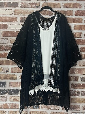 #ad Plus Size Black Crochet Embroidered Boho Hippie Kimono Duster Cardigan $43.00