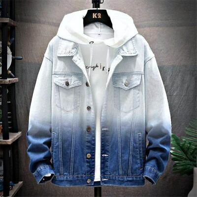 #ad Spring Mens Denim Jacket Trendy Slim Gradient Color Coat Streetwear Outwear New $91.34