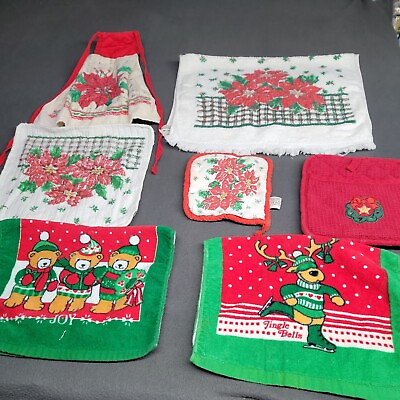 #ad VINTAGE CHRISTMAS KITCHEN TOWELS AND POT HOLDERS poinsettia $15.00