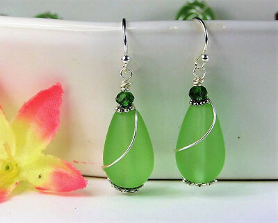 #ad Green Sea Glass Teardrop Silver Ladies Dangle Earrings Beach Fashion $13.49