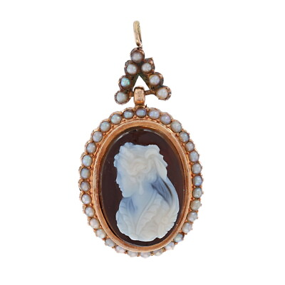 #ad Rose Gold Hardstone Banded Agate amp; Pearl Victorian Pendant 14k Antique Cameo $399.99