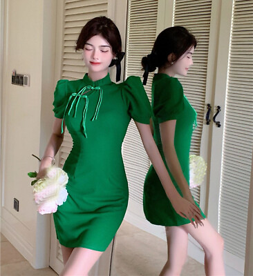 #ad Elegant Women Puff Sleeve Slim Qipao Bodycon Chinese Cheongsam Party Dress Sweet $24.94