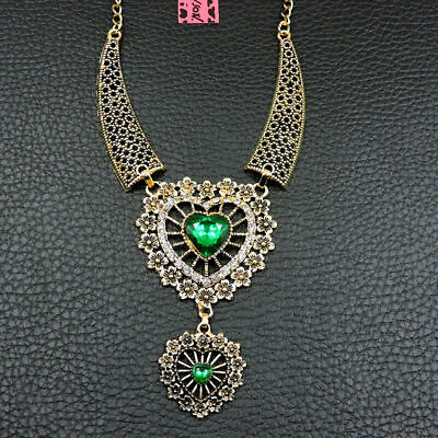 #ad Awesome Green JEWEL HEART Rhinestone Gold tone Betsey Johnson Valentine Necklace $17.99