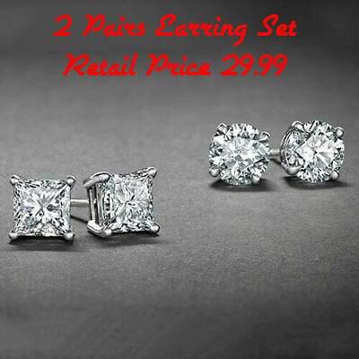 #ad Sterling Silver Stud Earrings Cubic Zirconia Round Men Women 2PC CZ Earrings Set $6.49