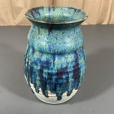#ad Vintage Art Pottery Vase Keller 1993 Drip Glaze Blue Green 8.5 in H x 6in W $29.59
