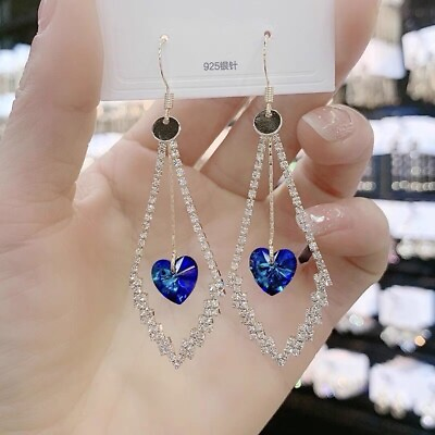 #ad Blue Crystal Love Heart Dangle Drop EarringsHook Earrings.Heart EarringsGifts $11.99