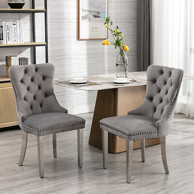 #ad 2 Set Velvet Tufted Dining Chairs Kitchen Chairs Chrome Stainless Steel Leg Gray $229.99