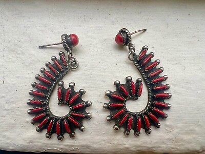 #ad Native American petite point coral sterling silver swirl earrings vintage $325.00