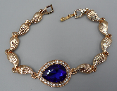 #ad Art Deco Link Bracelet For Women Sapphire Blue Pear Shaped Rhinestone Halo 8.5quot; $24.99