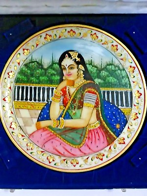 #ad Marble Stone Decor Plate India Woman Pietra Dure Inlay Art White Gold 8 3 4quot; $293.99