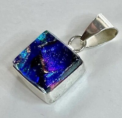 #ad Small Dichroic Sterling Pendant Peacock Hued Silver 925 Signed KG Art Glass $14.97