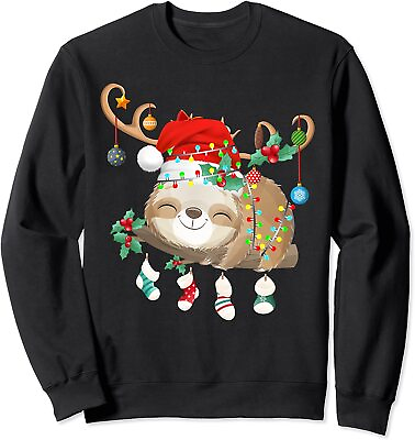 #ad Sloths Xmas Gift Lighting Reindeer Santa Hat Sloth Sweatshirt Size S 5XL $31.99