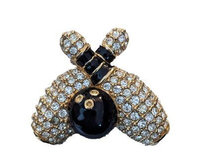 #ad Bowling Brooch Pin Black Enamel Swarovski Crystal Signed $24.99