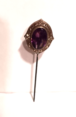 #ad Victorian Amethyst Stick Pin Beveled Glass Silver Plated Fancy Hatpin Antique $39.99