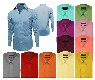 #ad Men#x27;s Premium Long Sleeve Formal Button Up Slim Fit Solid Color Dress Shirt $24.14