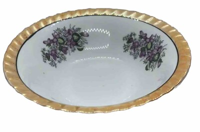#ad Yamatsu Japan Serving Bowl White Gold Trim Purple Flowers 7” Vintage Dessert $14.99