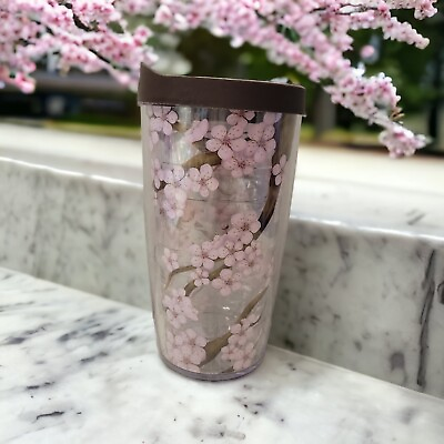 #ad TERVIS TUMBLER CHerry Blossoms With Brown Lid Insulated Pink Flowers 16 Oz $19.99