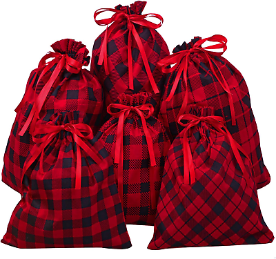 #ad 6 Pack Buffalo Plaid Drawstring Christmas Gift Bags Christmas Sack for Gifts Cot $16.86