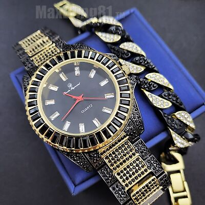 #ad GOLD AND BLACK PLATED RAPPER STYLE METAL WATCH amp; ICED CUBAN BRACELET HIP HOP SET $15.99