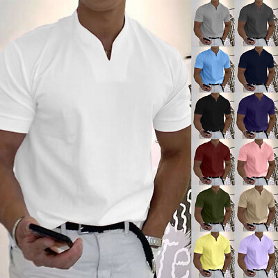 #ad US Mens Plain Shirts Summer Short Sleeve Loose Casual T Shirt Short Sleeve Tops $13.19