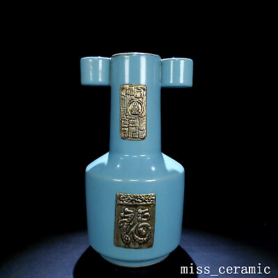 #ad 8.7quot; China Old Porcelain song dynasty ru kiln Blue glaze copper double ear Vase $340.29