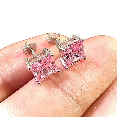 #ad Princess Cut Pink Tourmaline Studs Sterling Silver 925 Lab created FREE SHIPPING $14.38