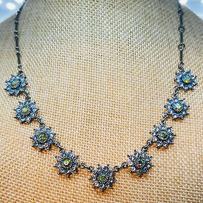 #ad Rhinestone Choker Necklace Blue And White Sparkling Crystal Flowers and Chain $10.99