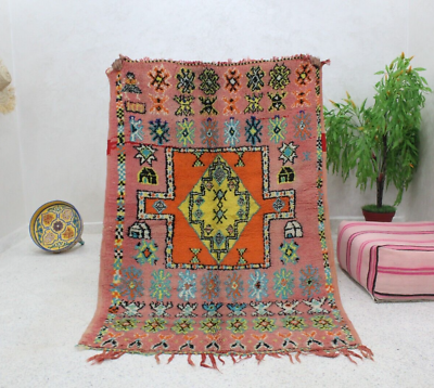 #ad Vintage Handmade Wool Boujaad Pink Area Rug Moroccan 4x6 Living Room $590.00