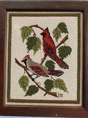 #ad Vintage Framed Signed Needlepoint Cardinals Bird On Branches Petit Point Crewel $47.88