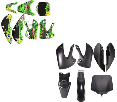 #ad Black Plastic Set w Green Decals for KLX 110 Pit Bike PS14 DE66 $65.00