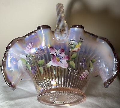 Fenton Morning Glory amp; Hummingbird Art Glass Iridescent Basket Signed $110.00