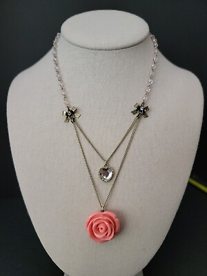 #ad BETSEY JOHNSON Rose amp; Clear Heart Pendant Necklace Goldtone $15.99
