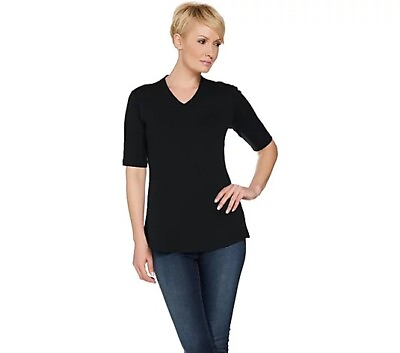 #ad Isaac Mizrahi Live Essentials Elbow Sleeve V Neck Tunic Shirt Black M New $18.00