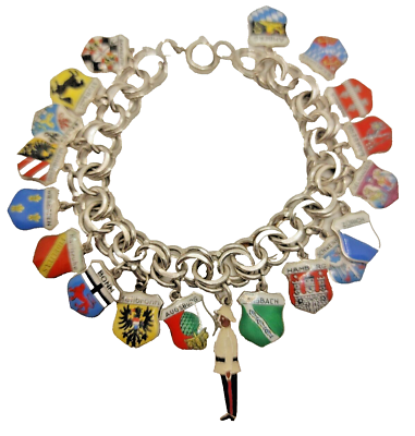 #ad Vtg. Sterling Charm Bracelet Germany Military Shield Traveler 19 Charms $249.95