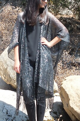 #ad Silver Black Metallic Mesh Glitter Kimono Festival Duster Top One size Plus size $42.00