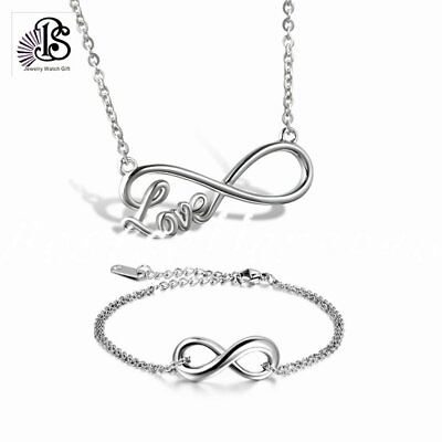 #ad Women Ladies LOVE Infinity Charm Stainless Steel Necklace Bracelet Jewelry Set $13.99