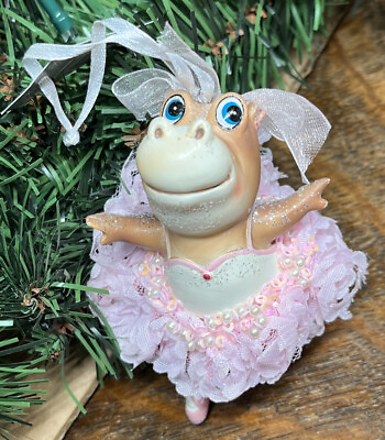 #ad Ballerina Hippo Christmas Ornament Pink Tutu Glittery Dancer Resin $11.28
