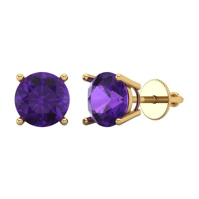 #ad 4.0ct Round Cut Solitaire Classic Stud Natural Amethyst Earrings 14k Yellow Gold $158.64