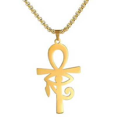 Egyptian Ankh Necklace Gold Stainless Steel Eye of Ra Aunk Amulet amp; Chain $17.99