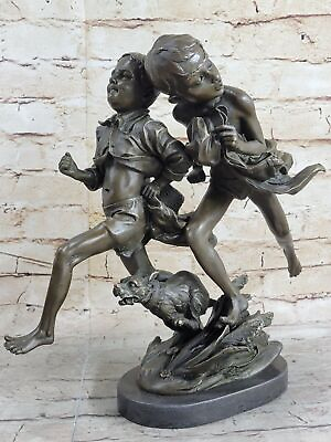 #ad Hot Cast 100% Solid Bronze 2 Running Boys With Their Dog Bronze Sculpture Decor $469.00