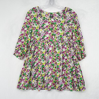 #ad Free People Peplum Top Womens Size 2 Multicolor Floral 3 4 Sleeve Tunic Rayon $16.02
